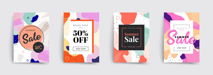Set of sale brochures templates. Memphis covers design. Trendy colorful bubble shapes composition. Vector backgrounds.