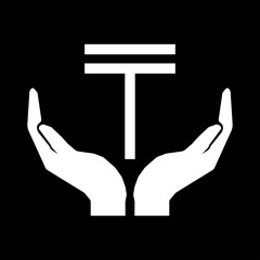 Hands and currency sign. Tenge Kazakhstan. Take care money sign - white on black background