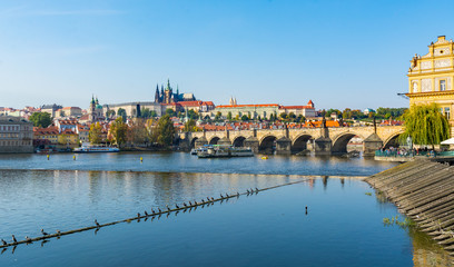View of Prague Castle and Charles Bridge over Vltava River, Prague, Czech Republic