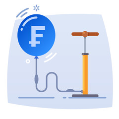 Money bubble. Conceptual illustration. Hand pump inflates balloon with swiss franc sign