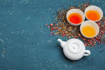 Different types of tea for ceremony, top view, free space