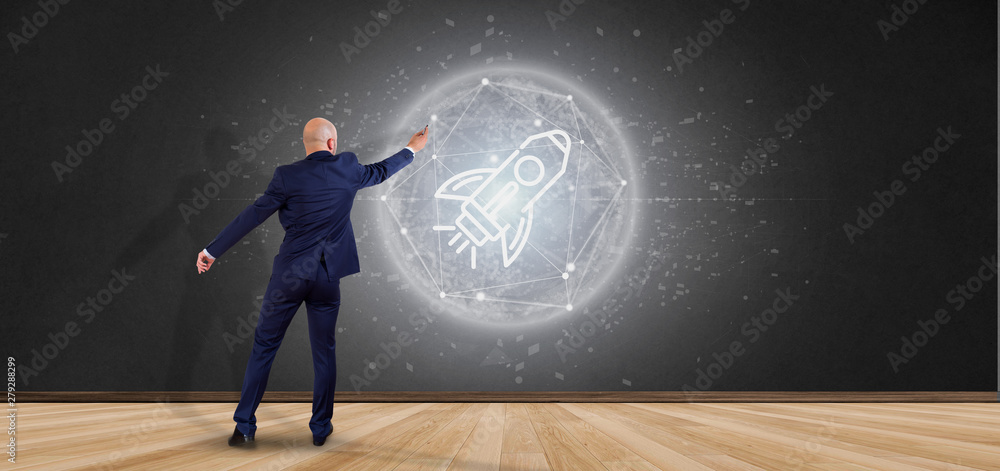 Poster businessman in front of a start up rocket on a sphere 3d rendering