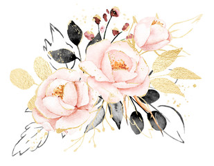 Aquarellblumen, Blumenstrauß mit goldgrauen Blättern und rosafarbenen Pfingstrosen. Perfekt für den Druck auf Grußkarten, Hochzeitseinladungen, Postern. Handzeichnung. Zusammensetzung getrennt auf Weiß. © Larisa