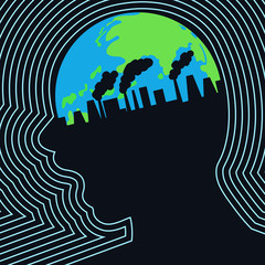  Industrial pollution of the earth inside the screaming human head profile, framed with lines. Vector illustration.