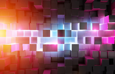 Glowing black blue and pink squares background pattern 3D rendering