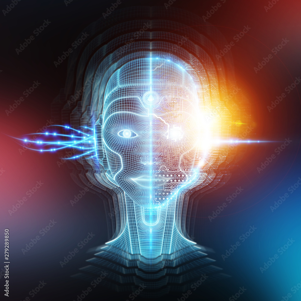 Poster robot cyborg head artificial intelligence learning 3d rendering