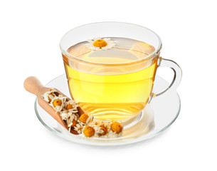 Cup of hot chamomile tea on white background