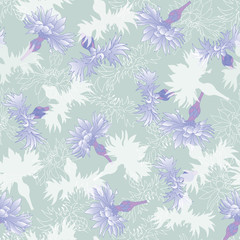 Floral texture for fabric. Seamless ornament of flowers and leaves on a blue background. Vintage texture for decoration of fabric, tile and paper.