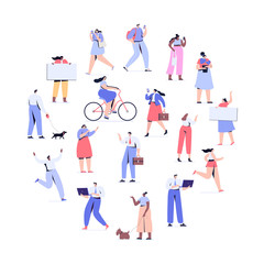Fototapeta na wymiar People background. Crowd of people walking on street.Men and women flat vector set. Different walking and running people. Male and female. Flat vector characters