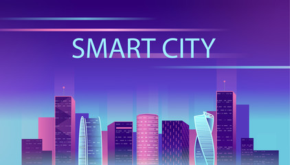 Naklejka premium Smart city neon glowing cityscape for website and mobile website. Vector illustration.