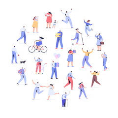 Fototapeta na wymiar People background. Crowd of people walking on street.Men and women flat vector set. Different walking and running people. Male and female. Flat vector characters