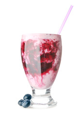 Glass of blueberry yogurt on white background
