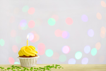Tasty Birthday cupcake against defocused lights