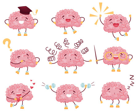 Set of cartoon brain images. Vector illustration on white background.
