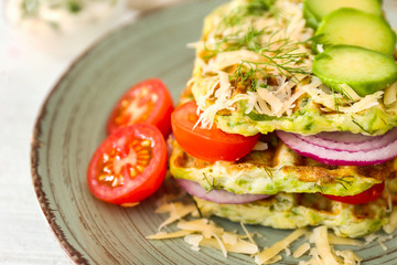 Tasty squash waffles on plate, closeup