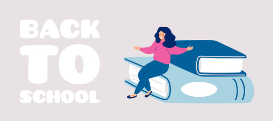 Hand drawn Back to school greeting card with happy girl sits on big books with open arms. Smiling school student waving hands. Vector education concept