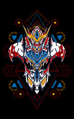 Mecha head logo illustration with sacred geometry pattern as the background