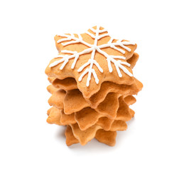 Tasty Christmas cookies on white background