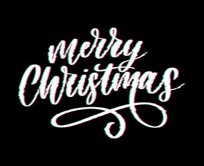 merry christmas and happy new year 2019, creative greeting card or label with glitch theme on black background vector design illustration, it can use for label, logo, sign, sticker