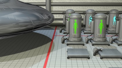 UFO in hangar underground with aliens in stasis chambers . 3d render