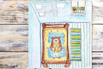 Teddy bear painted with colored pencils in bed in the room. View from above. Flatlay