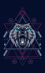 WIld bear head logo illustration with sacred geometry pattern as the background