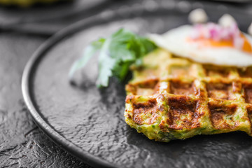 Tasty squash waffle on plate, closeup