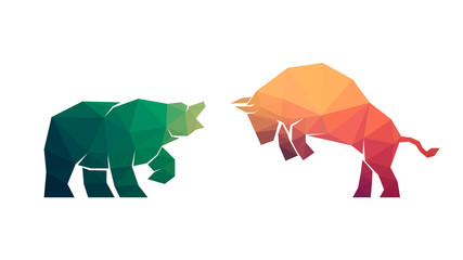 illustration of confrontation between two market participants - bulls and bears. Polygonal design. Vector, EPS 10