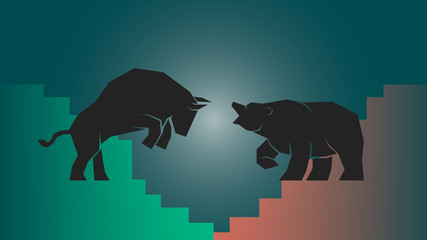 illustration of confrontation between two market participants - bulls and bears. Vector, EPS 10