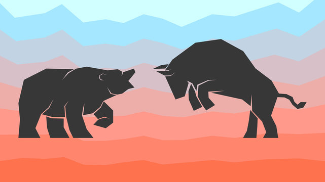 illustration of confrontation between two market participants - bulls and bears . Vector, EPS 10