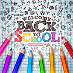 Back to school design with colorful pencil and typography letter on square grid booklet background. Vector education concept illustration for greeting card, banner, flyer, invitation, brochure or
