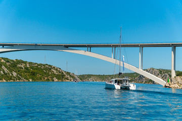 Catamaran sailing at sea in Croatia, Europe