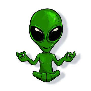Green alien meditate and levitate cartoon