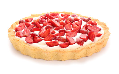 Tasty strawberry cake on white background