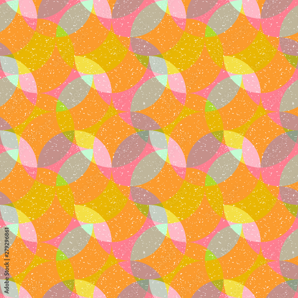 Poster Mosaic of circles, semicircles and diamonds shaped elements in retro style. Geometric vector seamless pattern.