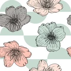 Papier Peint photo autocollant Coquelicots Fleurs stylisées d& 39 anémone ou de coquelicots, modèle sans couture de vecteur. Fond floral dessiné à la main dans des couleurs pastel rétro et des formes géométriques.