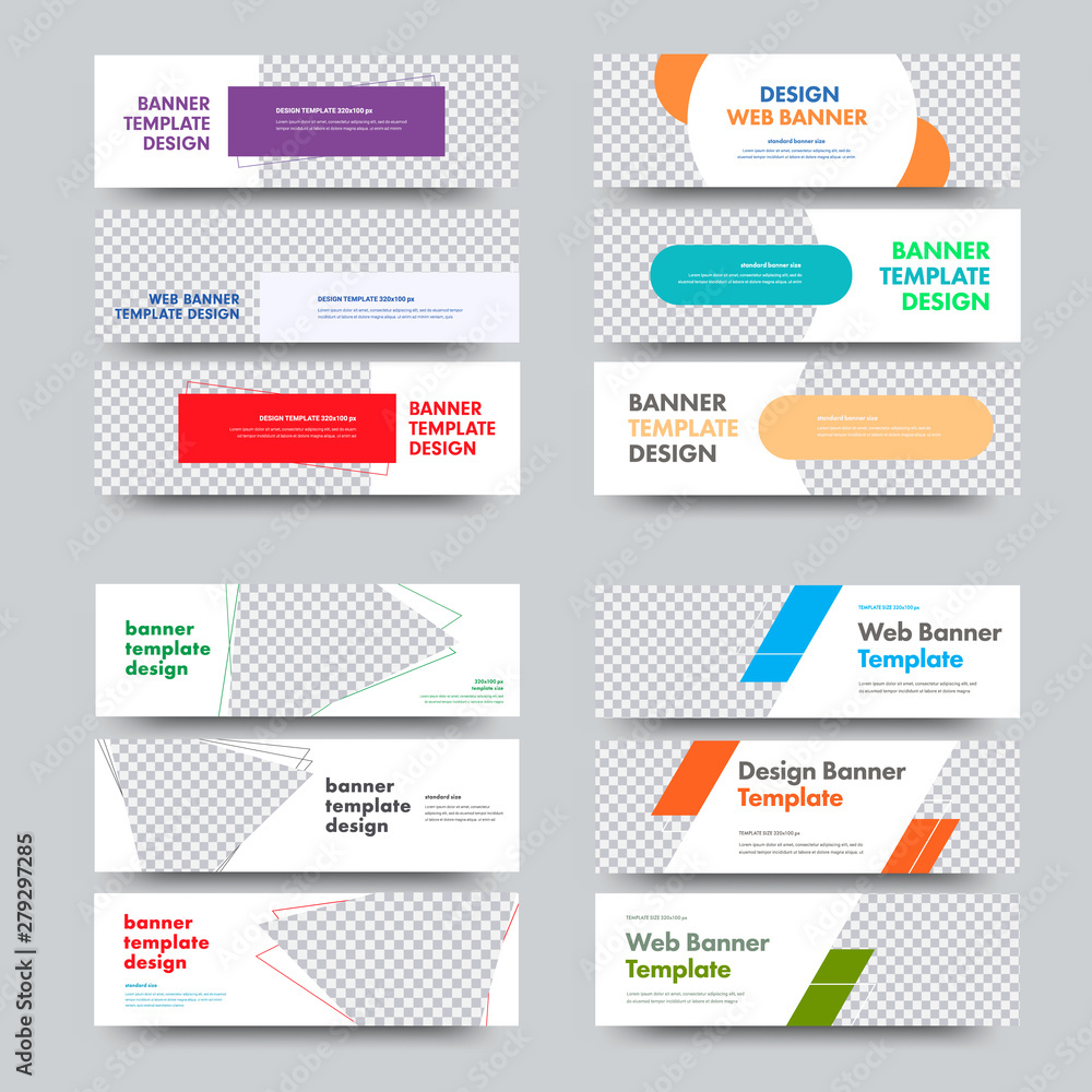 Poster Big set of templates of vector horizontal white banners with a place for a photo and different geometric color shapes.