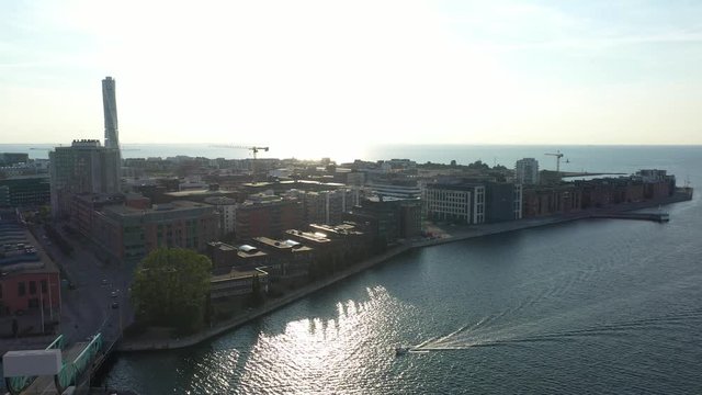 Aerial: The view of the western harbor of Malmo, Sweden