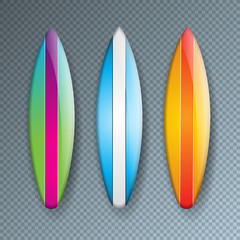 Vector Illustration with Colorful Surf Board Collection Isolated on Transparent Background. Vector Holiday Design Elemets with Surfboard Set for Banner, Flyer, Invitation, Brochure, Party Poster or