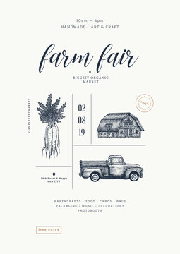 Farm fair poster vintage design template. Handsketched vintage carrot, farm house, car. Line art illustration. Vector illustration