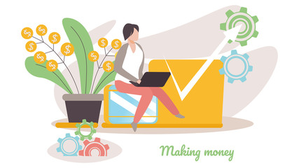 Business Man Sitting near Money Plant with Arrow