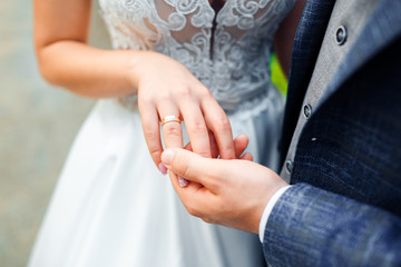 Wedding rings in the hands of the bride and groom.