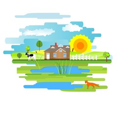 Flat vector design of town with houses on a meadow. Summer rural landscape.