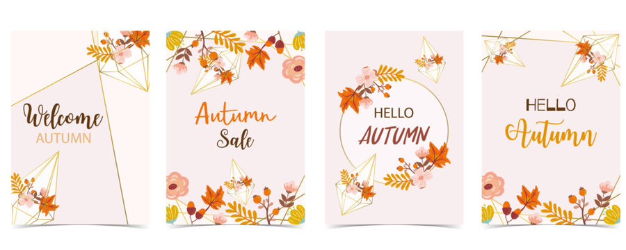 Collection of autumn background set with gold geometric,leaves,flower,wreath.Vector illustration for invitation,postcard and sticker.Editable element