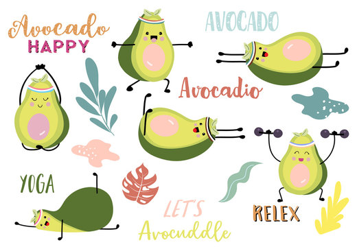 Collection of green avocado card set with leaf,avocado exercise. Let's avocuddle