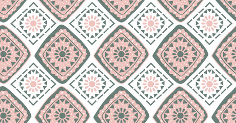 Green pink geometric seamless pattern in African style with square,tribal,circle shape