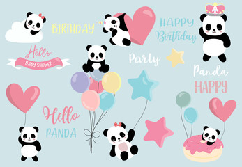 Pastel panda set with pandacorn,rainbow,balloon,heart illustration for sticker,postcad,birthday invitation © piixypeach