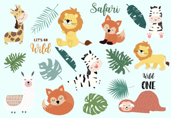 Safari object set with fox,giraffe,zebra,sloth,llama,leaves. illustration for sticker,postcard,birthday invitation.Editable element