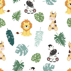 Cute safari background with giraffe,zebra,lion,leaves.Vector illustration seamless pattern for background,wallpaper,frabic.include wording wild and free.Editable element