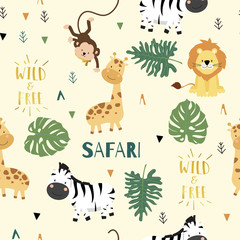 Cute safari background with giraffe,zebra,lion,monkey,leaves.Vector illustration seamless pattern for background,wallpaper,frabic.include wording wild and free.Editable element © piixypeach